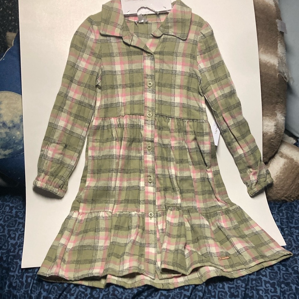 Tahari Girl Plaid Green and Pink Kids Dress